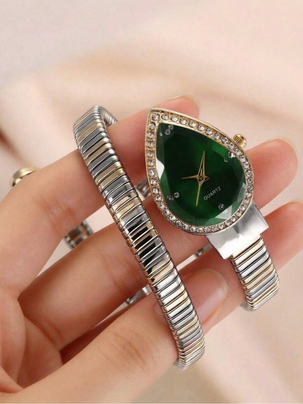 Green Teardrop Dial Bracelet Watch with Two-Tone Band